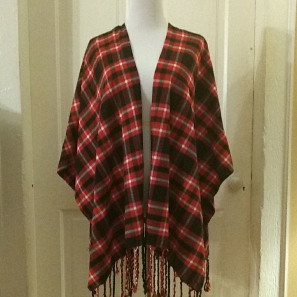 RD Style Plaid Open Fringed Poncho